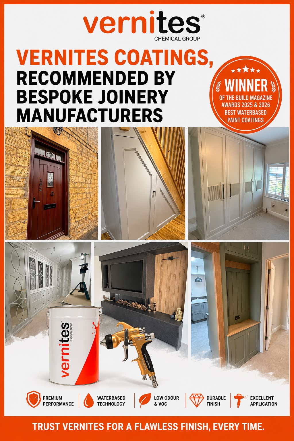 Collage of six bespoke joinery projects in different Vernites finishes